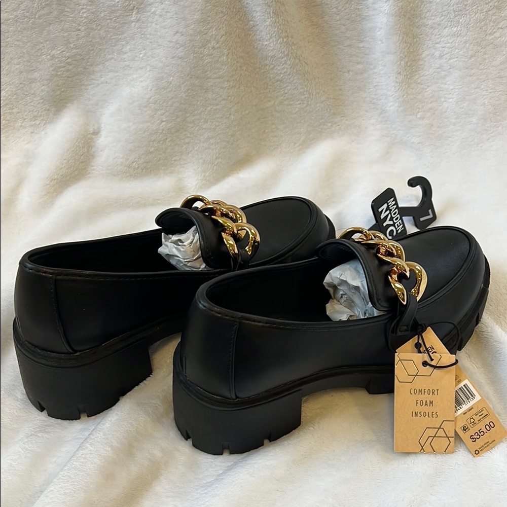 Madden NYC Black and Gold Platform Loafers with comfort foam insoles.
